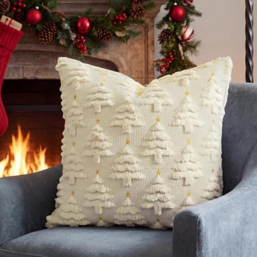 Softalker Christmas Pillow Covers 20x20 Set of 2, Beige Xmas Tree Decor