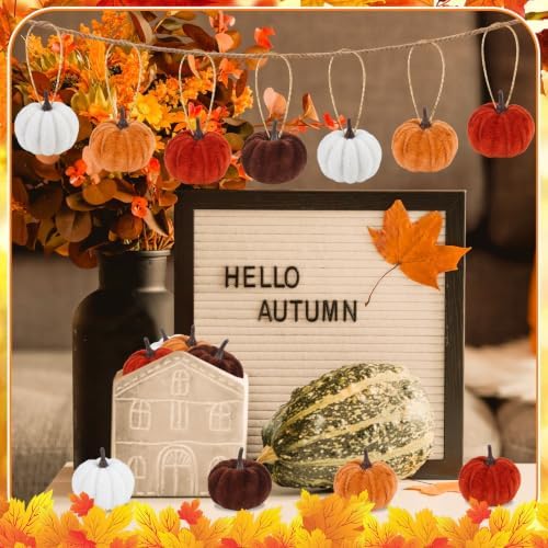 16Pcs Fall Tree Ornaments, 2 Inch Velvet Pumpkin Hanging Ornaments