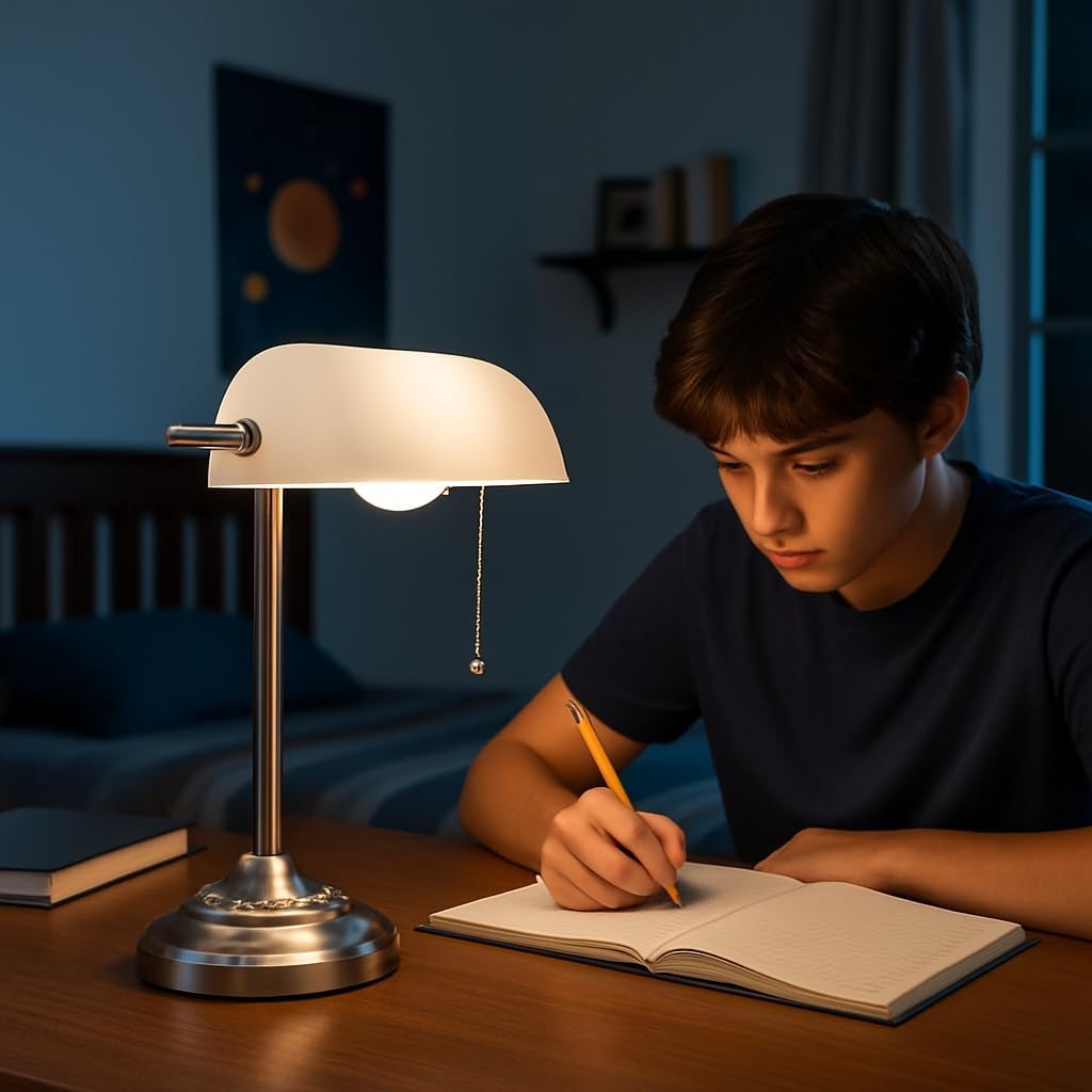 LIGHTACCENTS Bankers Desk Lamp with White Glass Shade, Nickel Finish - Traditional Desk Light for Home Office, Reading