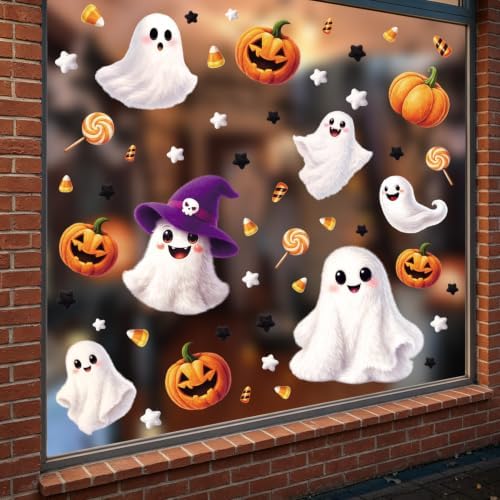 SULOLI 8 Sheet Halloween Window Clings, Plush Ghost Reusable Window Decals