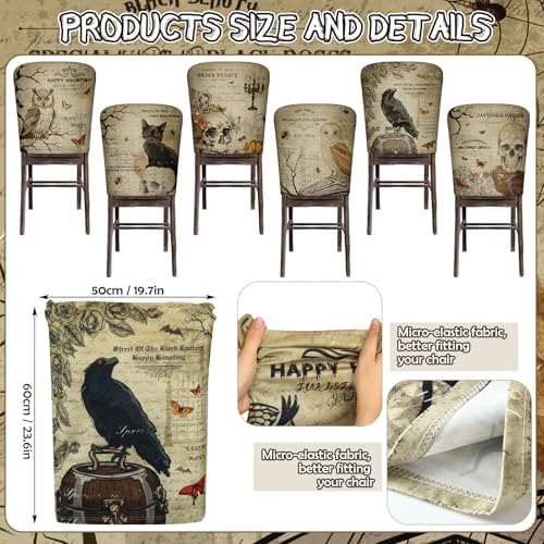 Moukeren 6 Pcs Gothic Chair Cover Set Gothic Halloween Decor Stretch Dining Chair Back Covers Skeleton Black Cat Bat Owl Seat Covers Horror Home Farmhouse Dining Seat Protector for Kitchen Decor