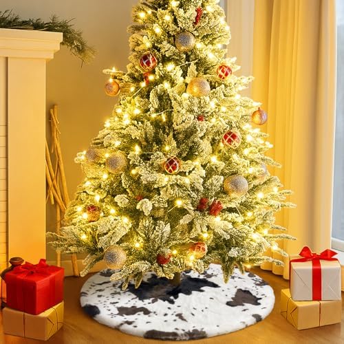 48 Inch Cow Print Christmas Tree Skirt - Soft Fluffy Xmas Tree Mat Round Holiday Decor for Home, Party, Christmas Decorations