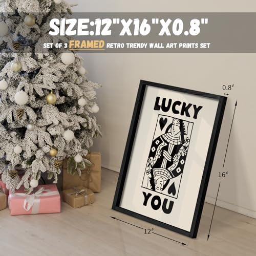 Heiple Framed Set of 3 Poker Wall Art Lucky You Poster, Trendy Retro Print Wall Decor for Queen of Hearts Wall Art