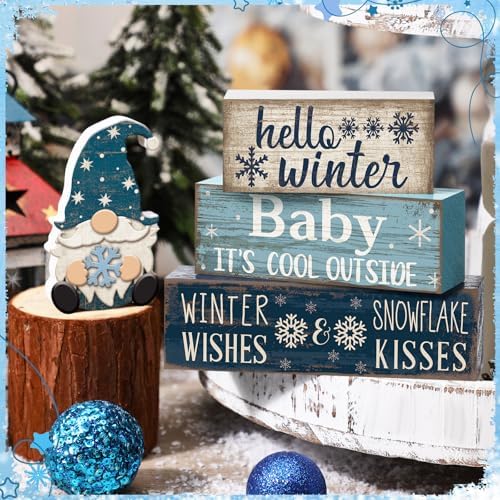 Moucuny 4 Pcs Winter Wood Block Signs Gnome Farmhouse Table Decoration