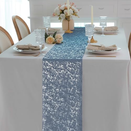 2 Pcs Navy Blue Silver Table Runner, Glitter Metallic Foil Mesh Roll 108"