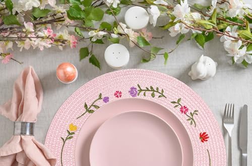 Whaline 4Pcs Spring Flower Embroidered Placemats Round Place Mats Pink Floral Dinner Table Mats for Home Holiday Wedding Bridal Baby Shower Birthday Party Decor