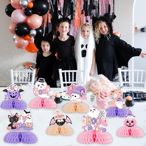 Pink Purple Halloween 2nd Birthday Decorations Girl 8pcs Halloween 2nd Birthday Honeycomb Centerpieces Table Decoration Two Spooky Birthday Decoration Table Topper Halloween Second Birthday