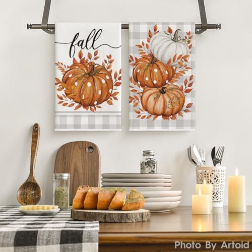 Artoid Mode Orange Pumpkin Leaves Fall Kitchen Towels Set of 2 18x26 Inch