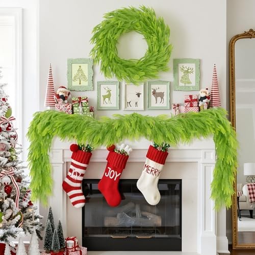 N&T NIETING 9FT Christmas Garland Norfolk Pine Garland Real Touch Artificial Christmas Lime Green Xmas Garland for Mantle,Table Holiday Fireplace Staircase Indoor Outdoor Christmas Decorations