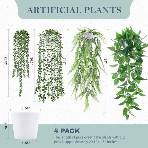 Der Rose 4Pcs Fake Hanging Plants with White Pots for Bright Shelf Decor