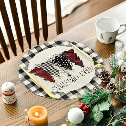 Artoid Mode Waterclor Buffalo Plaid Christmas Trees Merry Xmas Round Placemats Set of 8, 14 Inch Seasonal Winter Round Table Mats for Dining Decoration