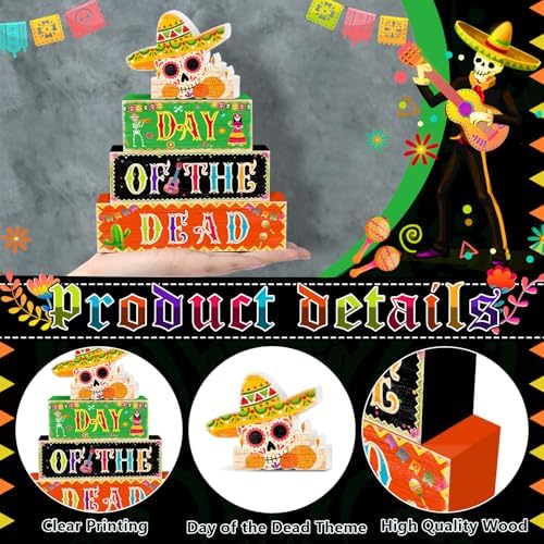 Britimes Skull Day Tiered Tray Decor Set, 4 Pack, Wooden Table Sign