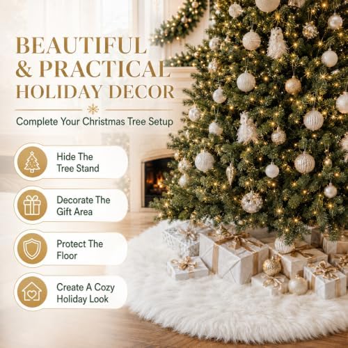 AISENO 24 Inch White Faux Fur Christmas Tree Skirt, Luxury Plush Tree Base Cover for Holiday Party and Home Christmas Decor
