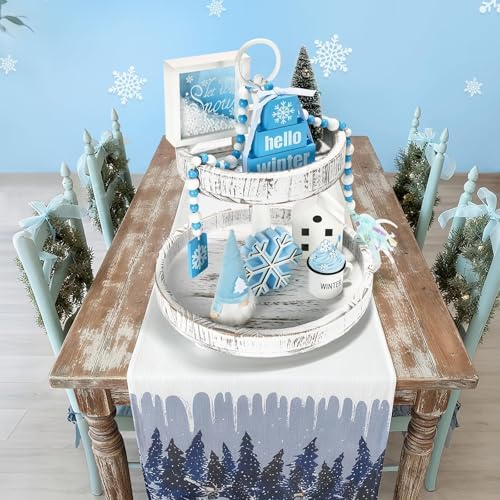 Winter Decoration for Home Office 8 PCS Blue Winter Tiered Tray Decor Set