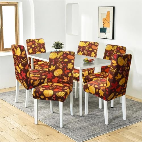 Fall Thanksgiving Chair Covers Set of 6, Pumpkin Maple Leaf Dining Chair Protectors, Elastic Removable Washable Dining Chair Covers, Suitable for Fall Thanksgiving Kitchen Dining Room Holiday Decor