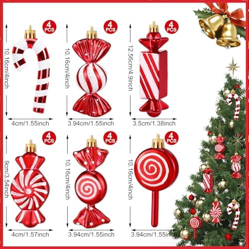 JULMELON 24Pcs Christmas Candy Cane Ornaments, Red White Glitter Hanging