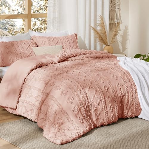Bedsure Tufted Boho Comforter Set Queen Size - Light Pink Boho Bed Set, GentleSoft™ 3 Pieces Farmhouse-Style Embroidery