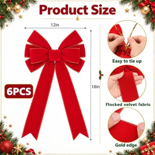 6 Pcs Golden Edged Red Velvet Tree Topper Bows, Large Christmas Wreath Bows