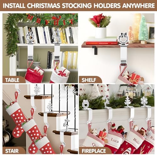 Christmas Stocking Holders for Mantle Set 4, Upgrade Stable Non-Slip Fireplace Stocking Holder, Metal Stocking Hangers for Mantle, Mantel Stocking Holders Clip for Xmas Party Decoration (Silver)