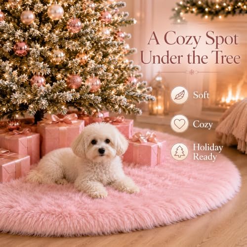AOGU 72 Inch Faux Fur Christmas Tree Skirt Pink Plush Skirt for Merry Christmas Party Christmas Tree Decoration