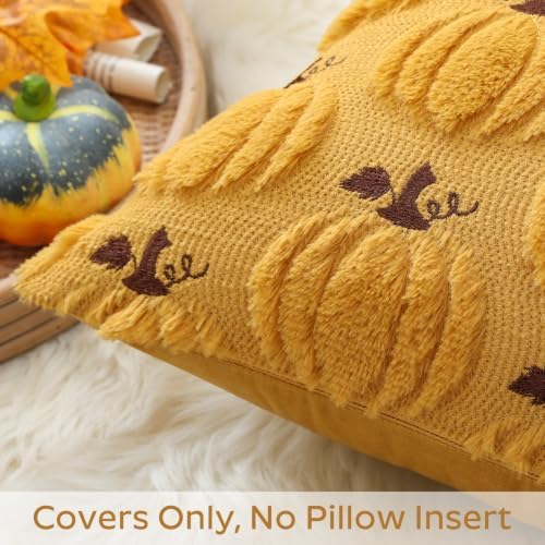 Artscope Fall Pumpkin Throw Pillow Covers 12x20 Set of 2, Autumn Soft Plush Faux Fur Decoration Cushion Covers for Thanksgiving Holiday Couch Sofa Bedroom Home Decor-Mustard Yellow
