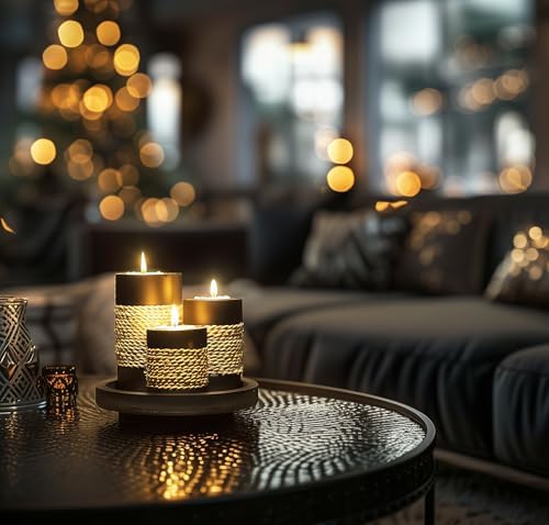 IYARA CRAFT Candleholder Set with Tray, Set of 3 Rustic Black Wooden Tealight Candle Holders with Natural Rope Accent