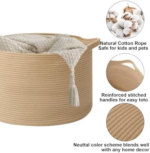90L Extra Large Blanket Basket,Woven Rope Laundry Basket-Camel