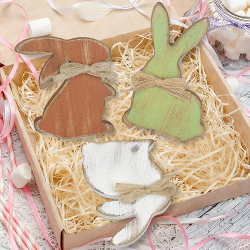 3Pcs Easter Decorations, Farmhouse Wooden Bunny Table Decor Rustic Rabbit Centerpieces Sign for Home Tiered Tray Mantel Office Party Supplies (Dark)