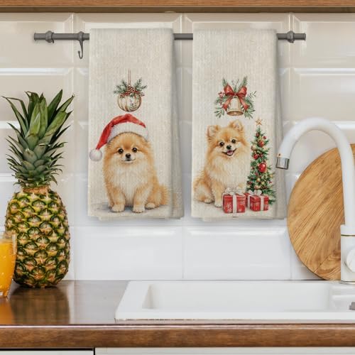 Pomeranian Christmas Tree Kitchen Dish Towels 16x24, Set of 2