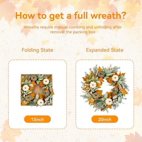 Pinkpum 20" Fall Wreath for Front Door Pumpkin Lambs Ear Wall Decor Autumn