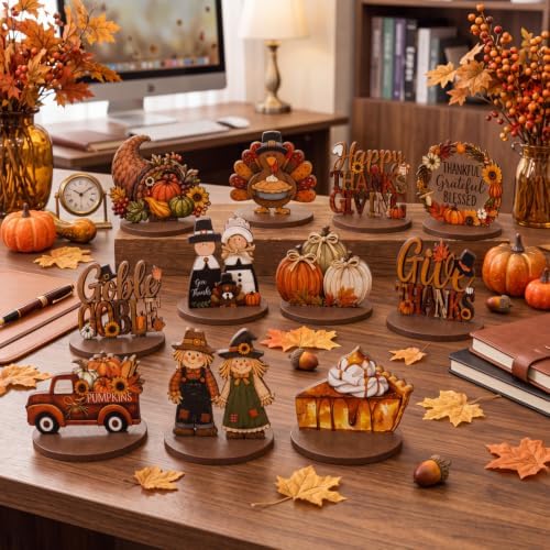 12 Pcs Fall Thanksgiving Table Decor Turkey Scarecrow Wooden Centerpiece
