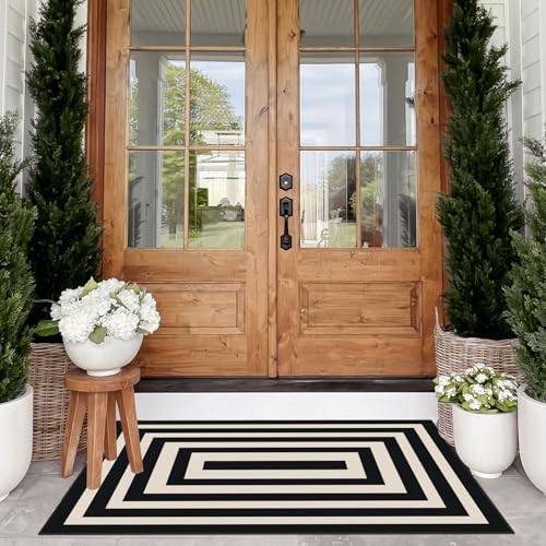 Modern Outdoor Rug - 28" x 43" Front Door Mat Indoor Outside Entrance Non-Slip Washable Outdoor Mat Black White