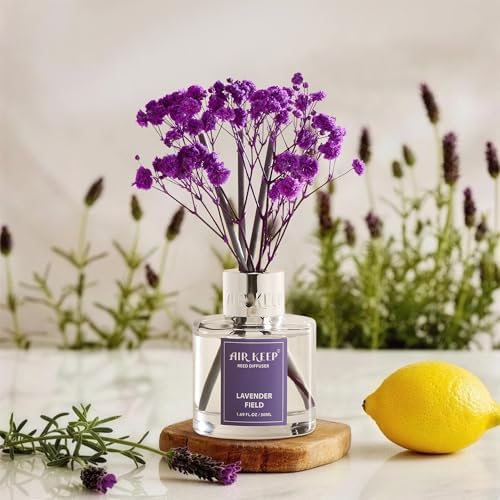 Airkeep Reed Diffuser Set,1.69 fl oz (50 ml) - Lavender Field Oil Diffusers with 8 Reed Sticks,Home Fragrance Reed