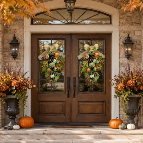Svndlyn 25 Inch Fall Teardrop Swag with Burlap Bow, Pumpkins and Pinecones