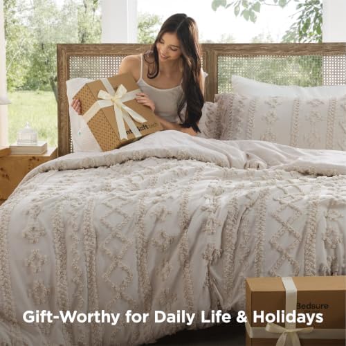 Bedsure Tufted Boho Comforter Set Twin Size - Linen Boho Bed Set, GentleSoft™ 2 Pieces Farmhouse-Style Embroidery
