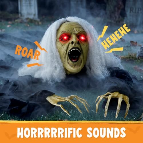 JOYIN Zombie Halloween Decoration Outdoor Witch Groundbreaker Halloween Graveyard Decor Outside, Scary Zombie Props with Sound Effect & Lighted Eyes for Haunted House, Lawn Yard Decorations