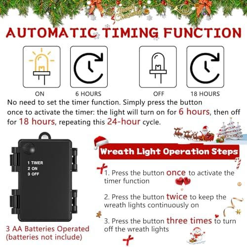 16 in Pre-Lit Christmas Door Wreath with Timer & Hanger & 50LED Warm Lights
