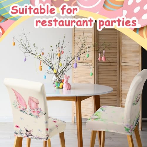 Hosuly 6 Pcs Easter Chair Covers Print Bunny Egg Flower Removable Seat Covers for Home Easter Spring Restaurant Decor or Hotel Restaurant Party Banquet