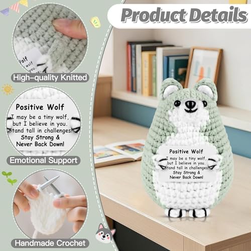 Mini Wolf Positive Crochet Animals Gift Emotional Support Crochet Wolf with Positive Card for Women Men Inspirational Handmade Birthday Funny Gift for Office Home Desk Decor