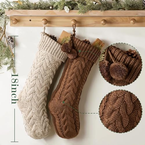 Farmhouse Knitted Personalised Christmas Stockings: 4 Pack 18 Inch Rustic Neutral Cable Knit Fireplace Stockings, Rustic Cozy Hanging Xmas Stocking Decorations for Family Holiday Décor, Earth Tones
