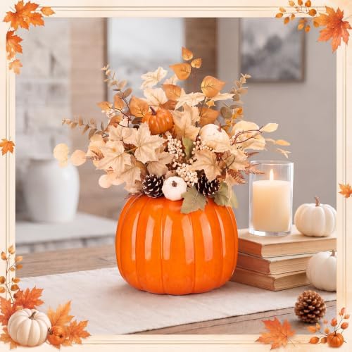 Beeveer 5.5 Inch Ceramic Pumpkin Vase, Large Orange Pumpkin Flower Vase