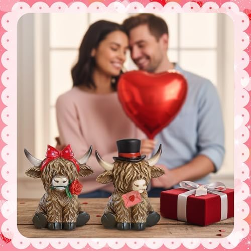 Simgoing 2 Pack Valentine's Day Highland Cow Figurines Resin Highland Cow with Love Letter and Rose Calf Lovers Gifts Valentines Tabletop Decorations for Home Centerpieces Exchange Gifts