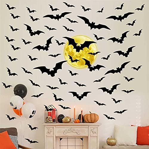 Halloween Moon Wall Decal Vinyl Bat Wall Stickers Clings Black Bats Decor