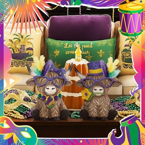 Simgoing 2 Pack Mardi Gras Highland Cow Figurines, Mardi Gras Masks Gnomes Carnival Masquerade Highland Cow Green Gold Purple Table Decor Scottish Resin Statue Calf Gift for Home Garden Kitchen Office