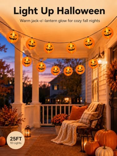 25FT Halloween Pumpkin Lantern String Lights, 10 Large Jack O'Lanterns