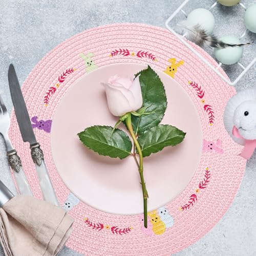 Whaline 4Pcs Easter Bunny Round Placemats Pink Rabbit Embroidered Place Mats Spring Cute Kitchen Table Mats for Home Wedding Baby Shower Birthday Dinner Party Decor