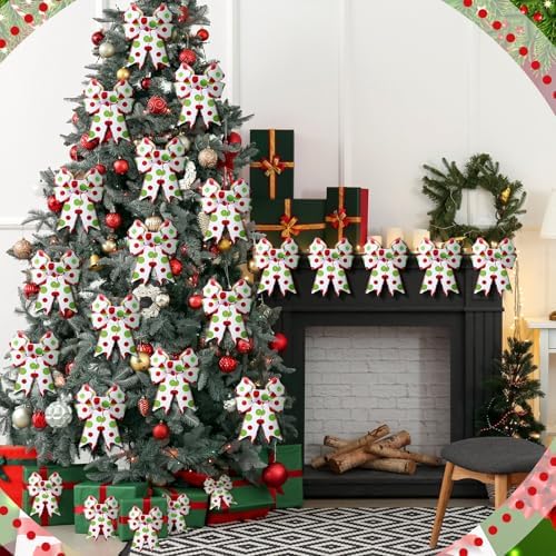 Lyrow 16 Pcs Large Christmas Bows Polka Dot Christmas Tree Bow, White Green