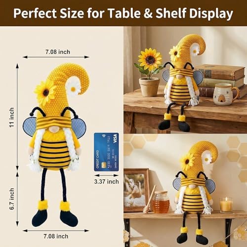Lovinland Spring Decorations for Home, Office, Indoor - Yellow Honey Bumble Bee Sunflower Plush Gnomes Doll - Summer Gnome Gifts for Women - Bee Stuffed Sitters for Shelf Decor (Spring-Bee)