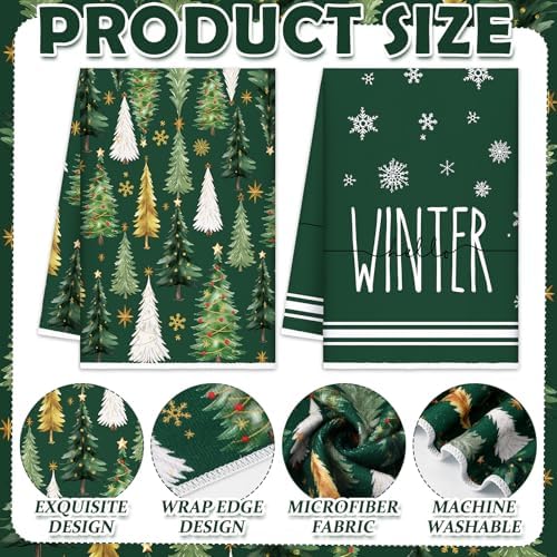 Oudain 6 Pcs Christmas Kitchen Towels Green Plaid Xmas Tree Tea Dishtowels Decorative Winter Bathroom Hand Towels Farmhouse Green Christmas Decorations for Kitchen Bath Home Housewarming Gifts