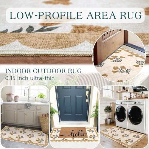 Front Door Mat Indoor Entrance - 2x4.3 Ft Floral Washable Layered Doormat Outdoor Entrance Spring Porch Rug Non-Slip